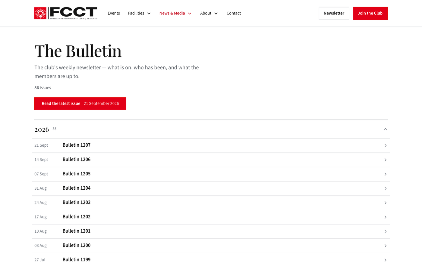 The Bulletin archive page, listing weekly issues by date.