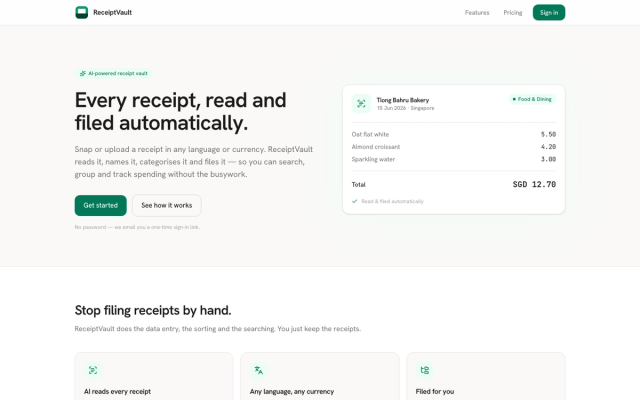 ReceiptVault homepage: every receipt, read and filed automatically, with a scanned receipt.