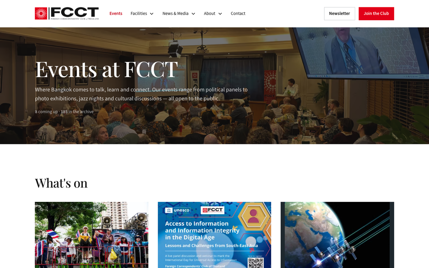 The FCCT events page, with upcoming events and the event archive.