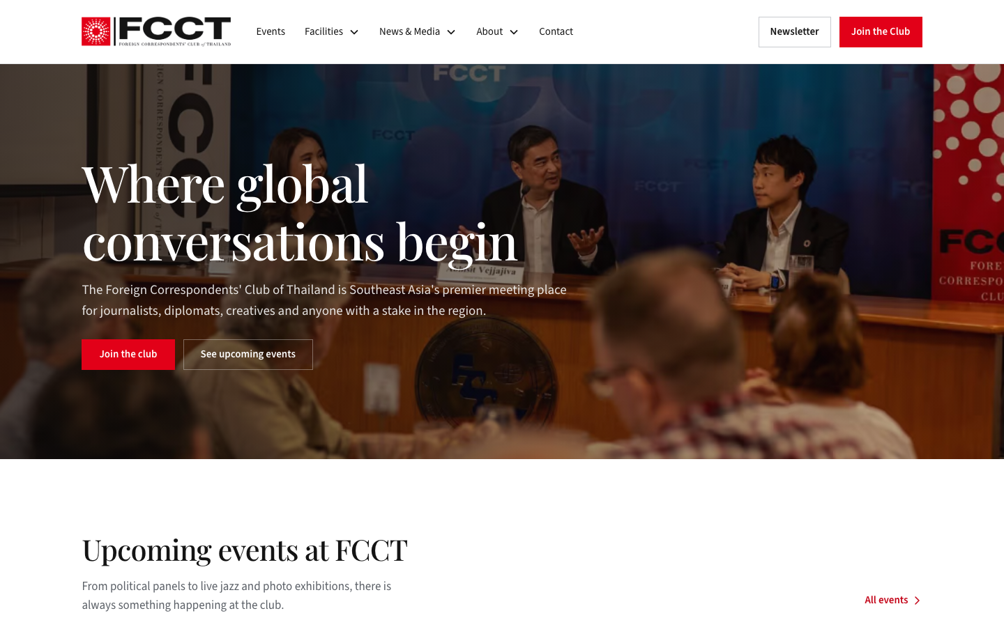 The new FCCT homepage, headed “Where global conversations begin”, with upcoming events below.