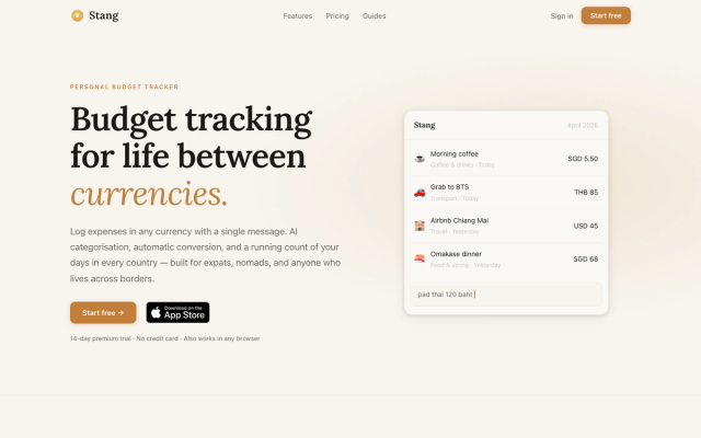 Stang homepage: budget tracking for life between currencies, with a multi-currency expense list.