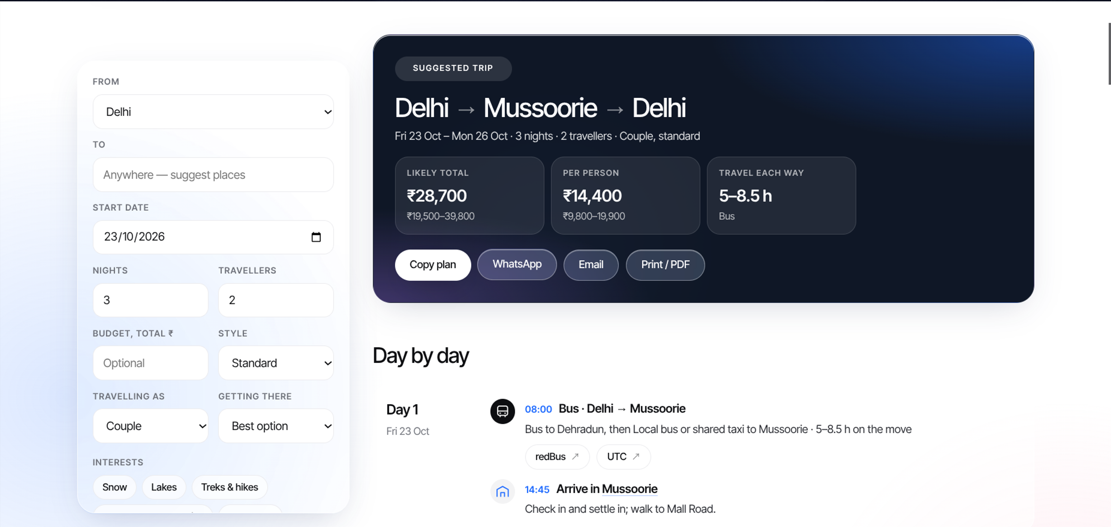 he planner turns five inputs into a route, budget and stay options.