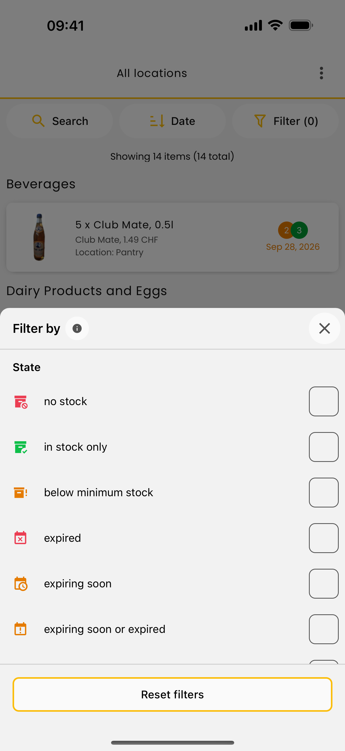 The stock list filter sheet with the new “below minimum stock” entry