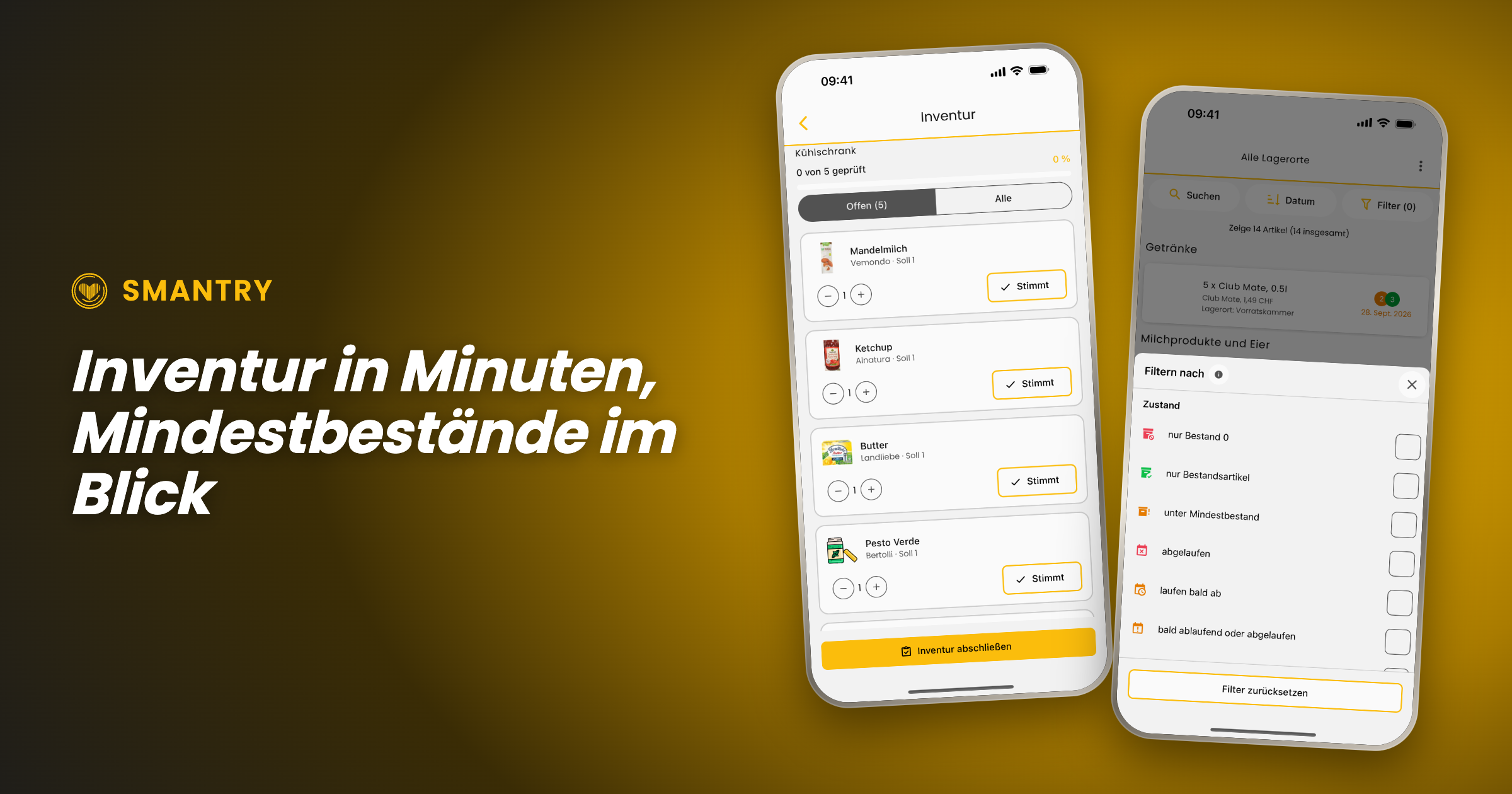 Zwei Screenshots aus Smantry 1.42: der Inventarmodus mit der Zählliste pro Lagerort und der neue Filter „unter Mindestbestand“