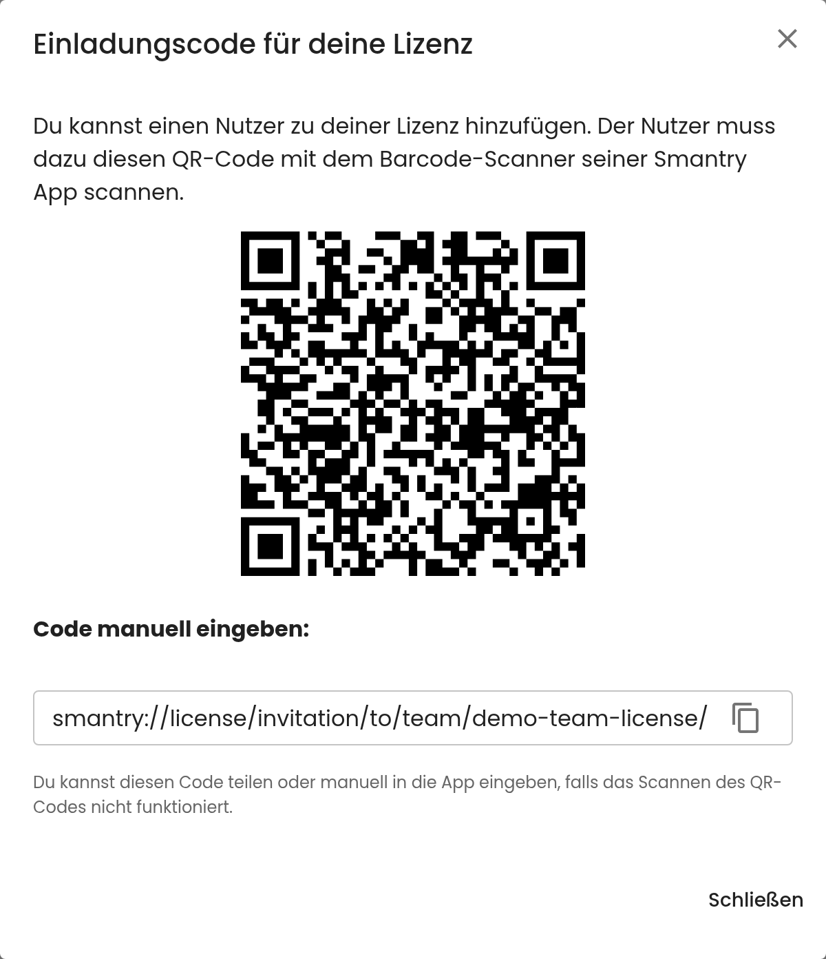 Der Dialog mit Einladungs-QR-Code und Code zum Kopieren