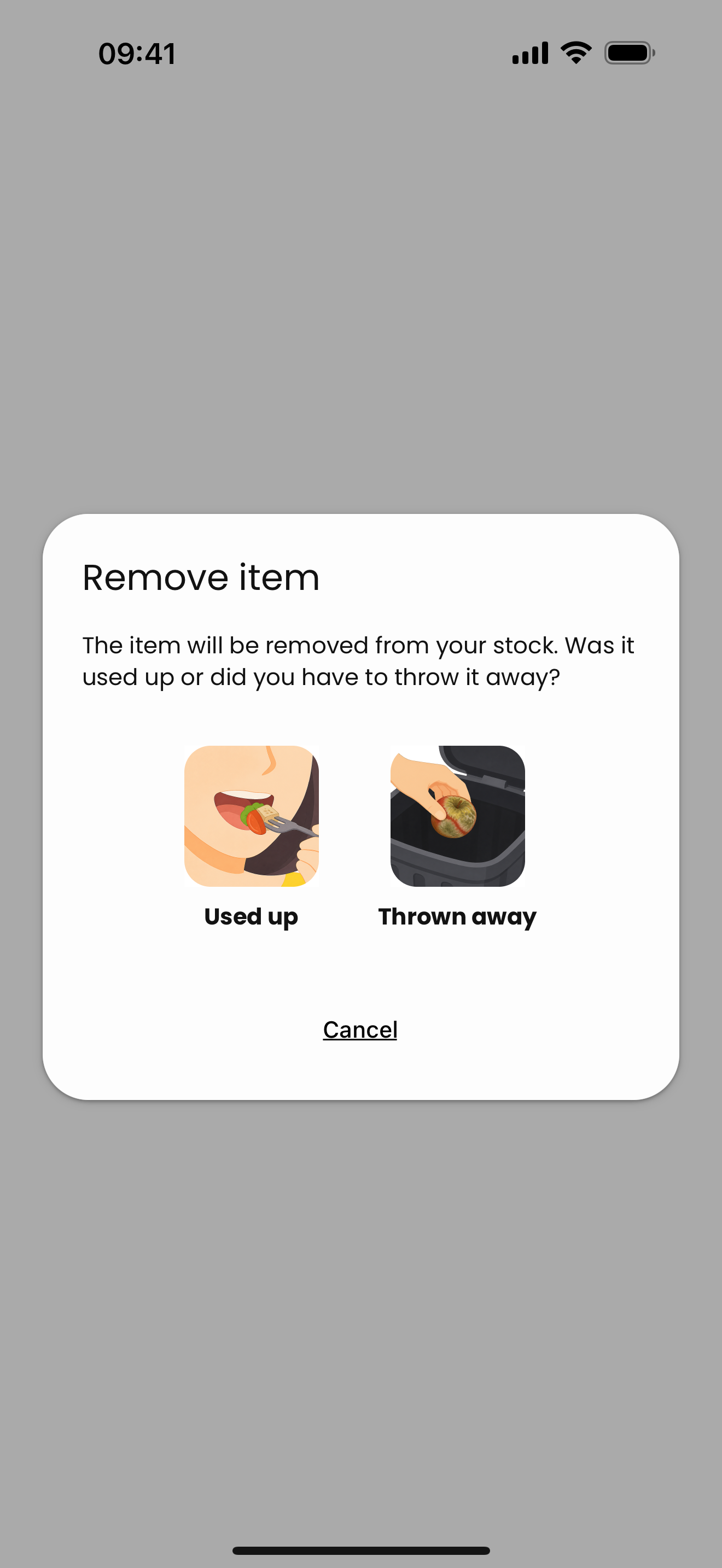 The removal dialog: “Used up” or “Thrown away”, as illustrated cards