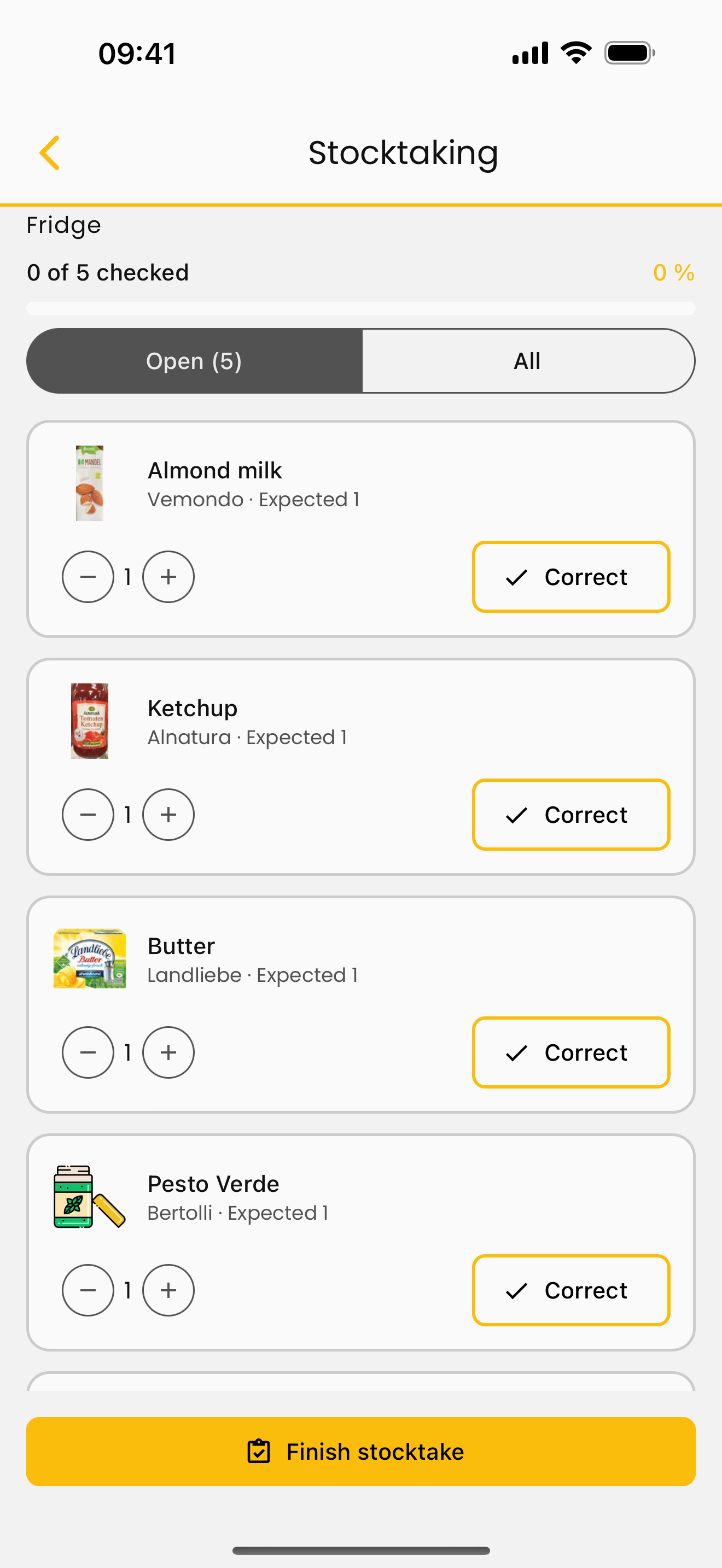 The inventory mode: the counting list for the fridge, with the expected amount and a “Correct” button per item