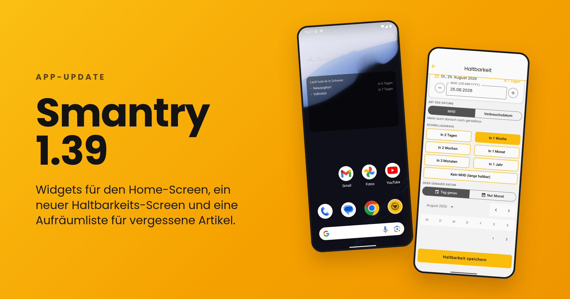 Zwei Screenshots aus Smantry 1.39: das Widget „Läuft bald ab“ auf dem Android-Home-Screen und der neue Haltbarkeits-Screen