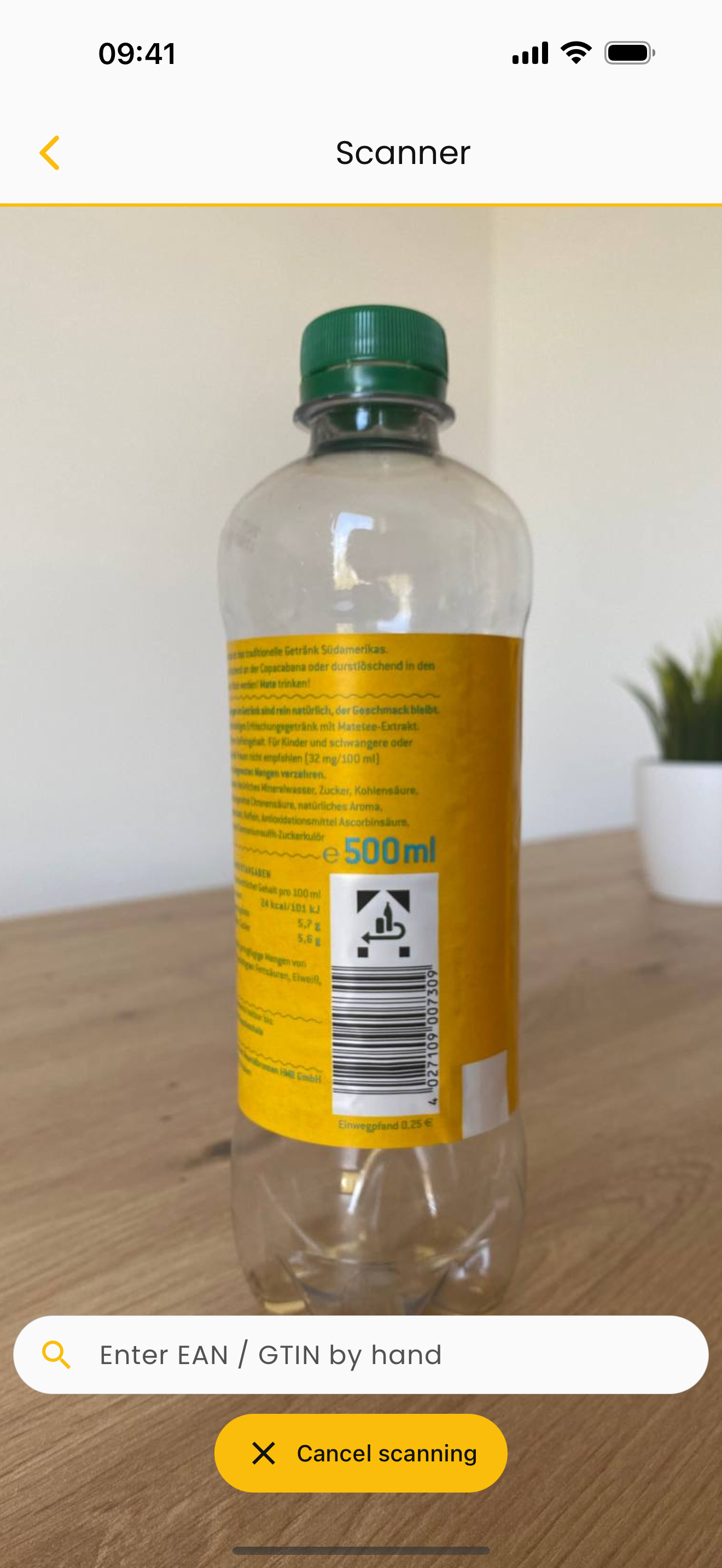 The barcode scanner uses the full camera image, with the controls floating above it