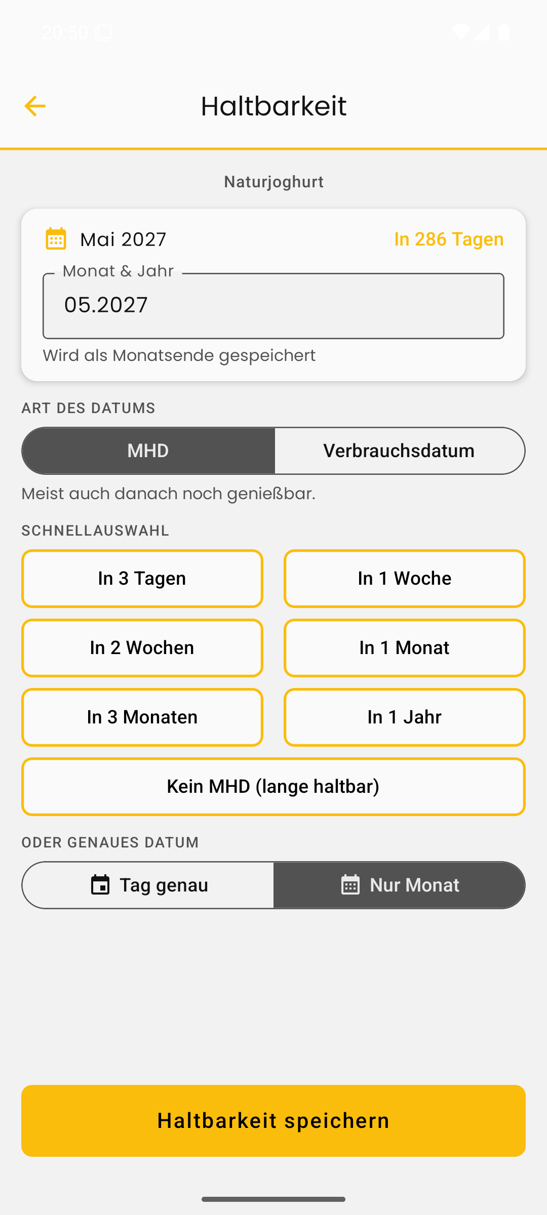 Der Nur-Monat-Modus: MM.JJJJ eingeben, gespeichert wird das Monatsende