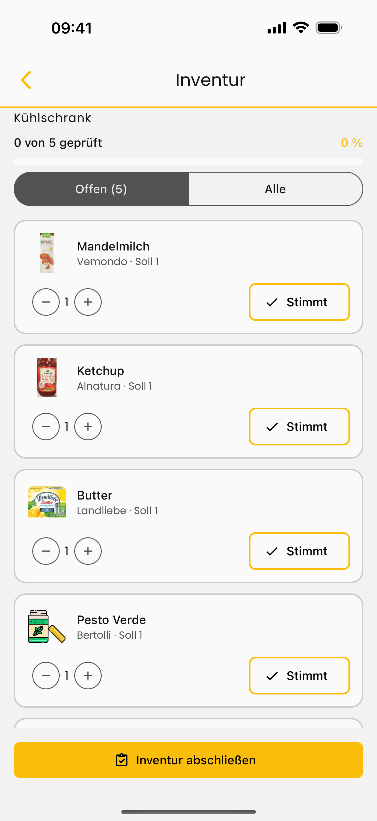 Der Inventarmodus: die Zählliste für den Kühlschrank mit Soll-Menge und „Stimmt“-Knopf je Artikel