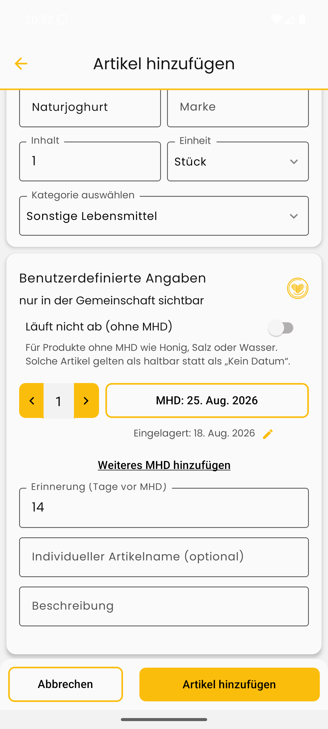 Das Feld „Erinnerung (Tage vor MHD)“ im Artikel-Formular