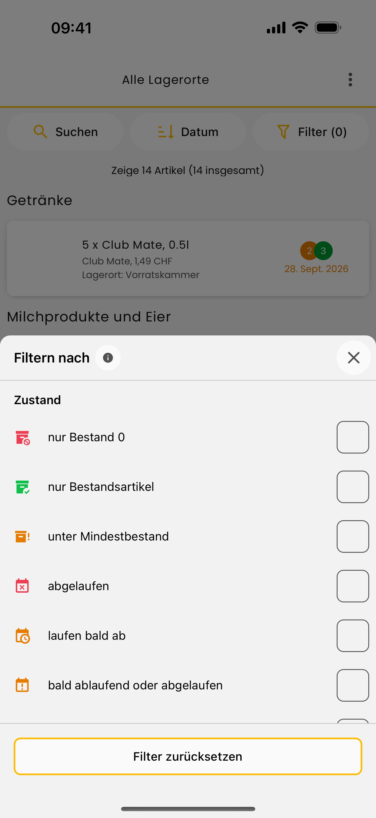 Das Filter-Fenster der Vorratsliste mit dem neuen Eintrag „unter Mindestbestand“