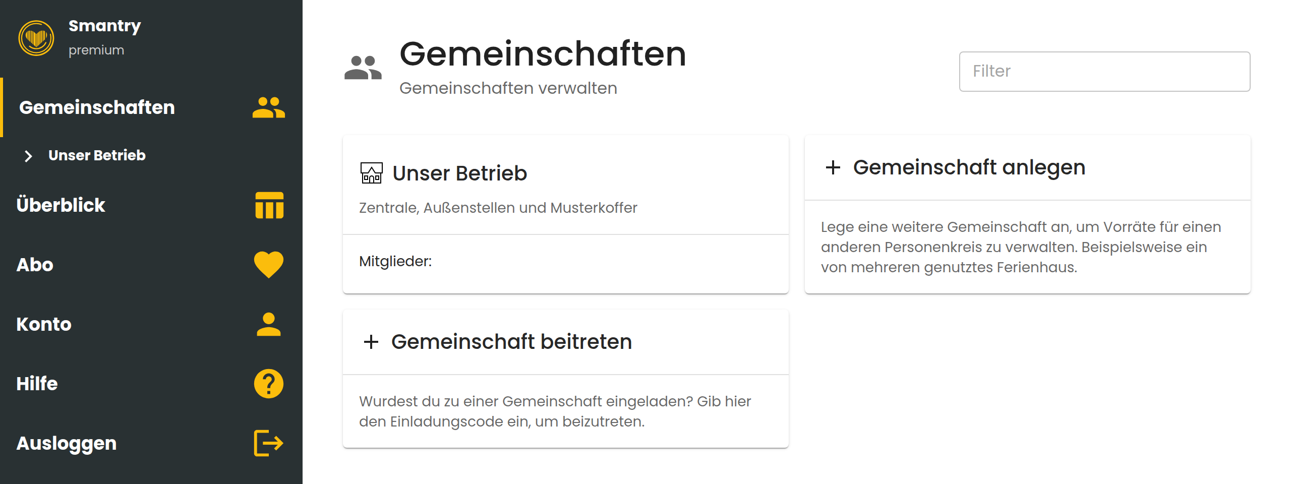 Die Übersicht „Gemeinschaften“ in der Smantry Web-App