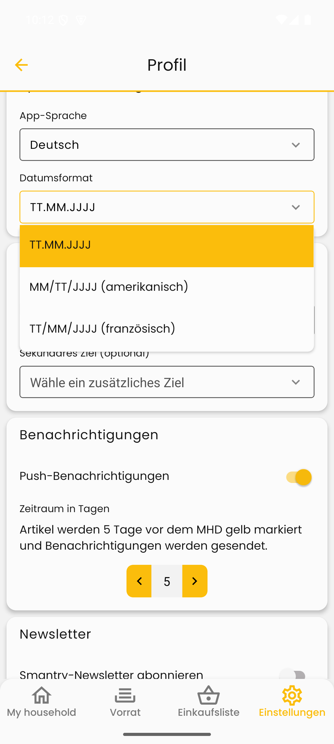 Die Einstellung „Datumsformat“ mit deutscher, amerikanischer und französischer Schreibweise