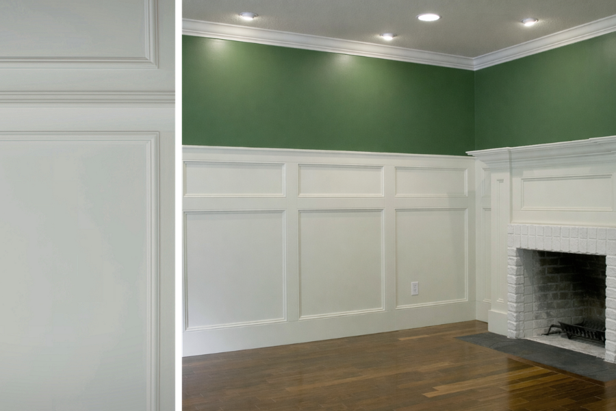 Side-by-side views of a room with white crown moulding and paneled wainscoting, green upper walls, a white brick fireplace, and hardwood floors.