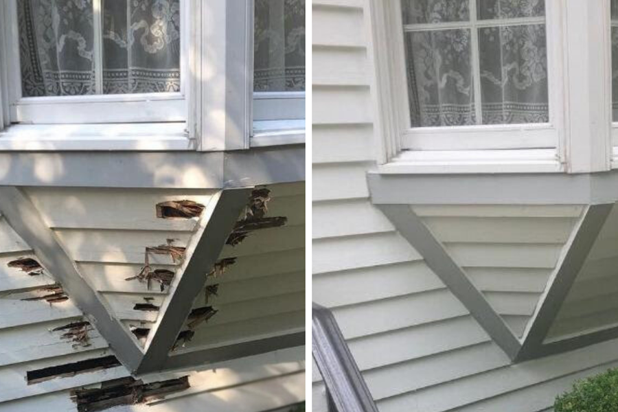 Before-and-after comparison of trim beneath a bay window on white clapboard siding, showing rotted, peeling wood on the left and smoothly repaired, repainted gray trim on the right.