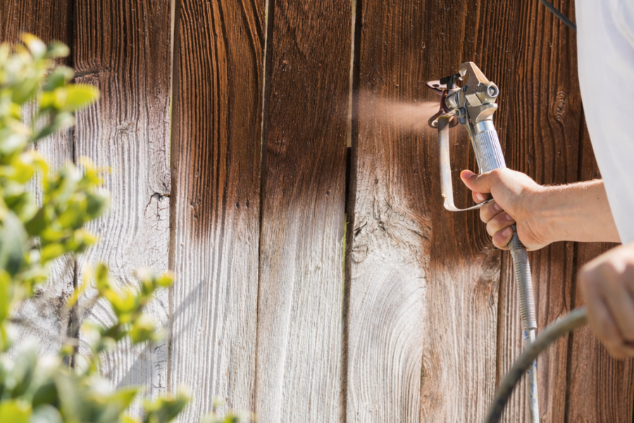 A person in a white shirt uses an airless paint sprayer to apply brown stain to a weathered wooden fence, with green shrubbery in the foreground.