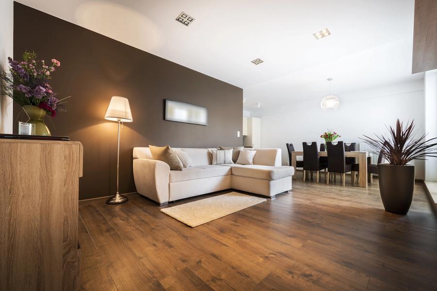 Open concept living and dining area with a dark brown accent wall, white sectional sofa, floor lamp, wood flooring, and a dining table near a potted plant.