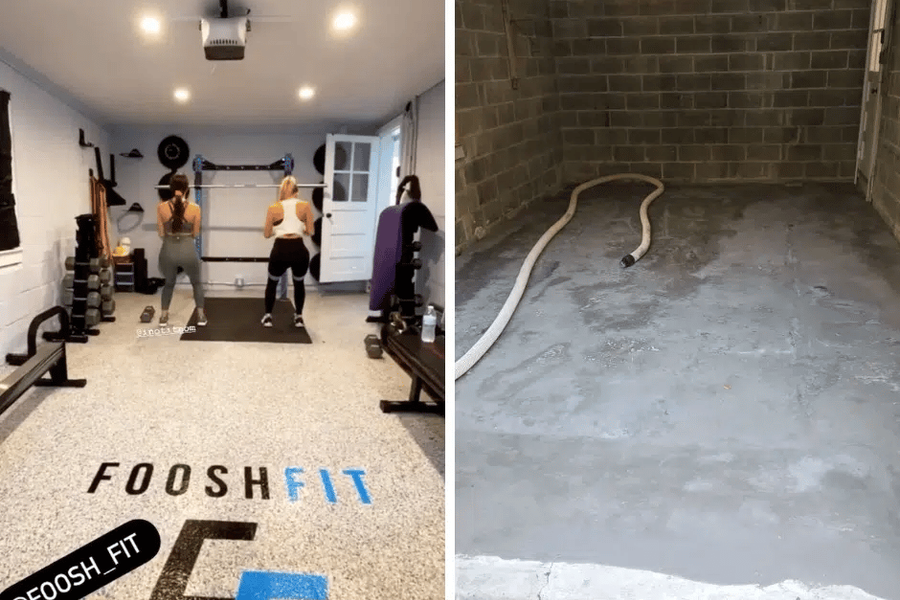 Before-and-after comparison of a garage: a bare concrete floor in a cinder-block room, and a finished home gym with a speckled coated floor reading "FOOSHFIT" where two women lift weights.
