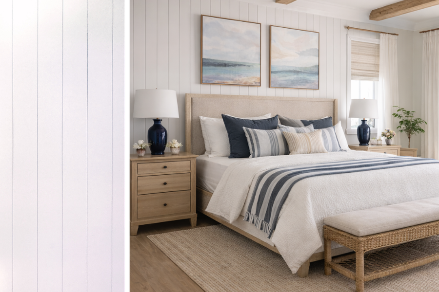 Coastal-style bedroom with white shiplap walls, a beige upholstered bed dressed in blue and white linens, navy lamps on light wood nightstands, and framed seascape art above the headboard.