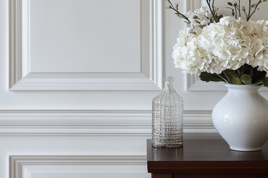 White paneled wainscoting wall behind a dark wood table holding a glass bottle and a white vase of hydrangea blooms.