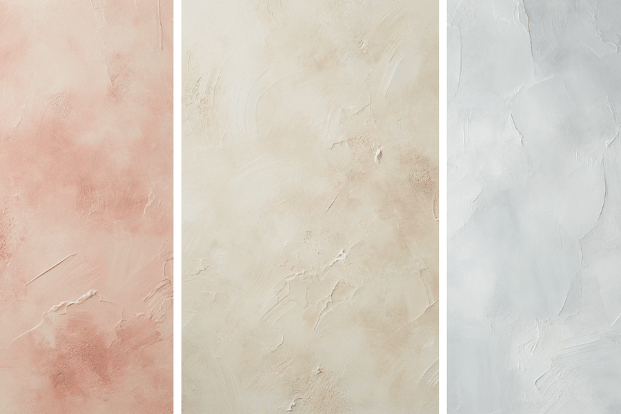 Three side-by-side panels of textured limewash wall finishes in soft pink, warm cream, and pale gray, each showing mottled, brushed plaster-like texture.