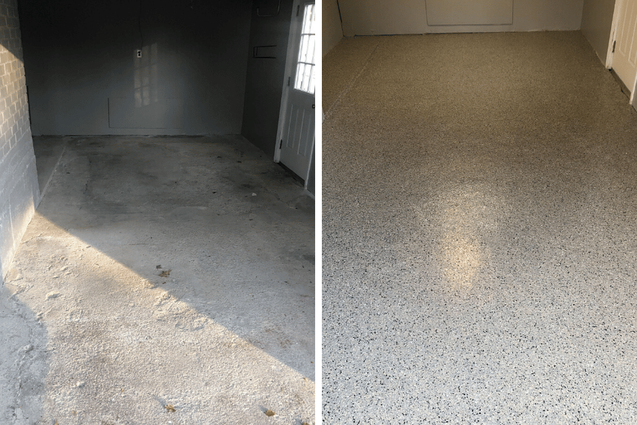 Side-by-side comparison of a garage floor, showing stained bare concrete before and a smooth speckled epoxy flake coating after.