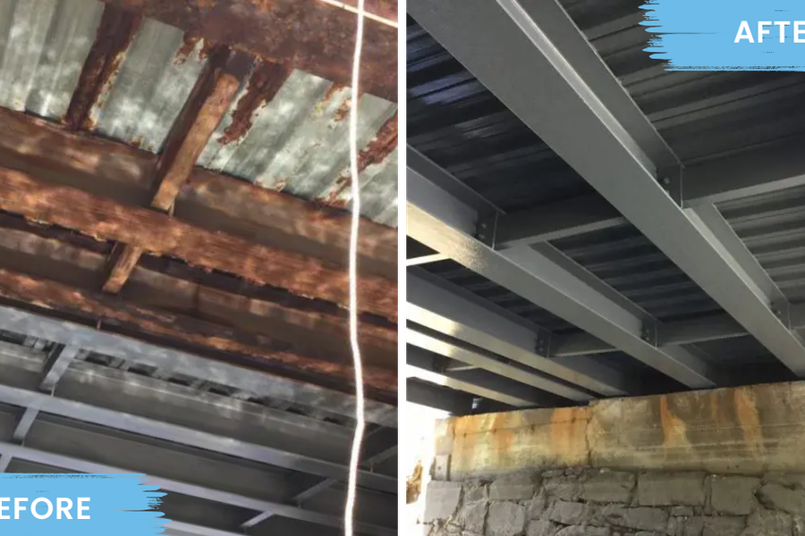 Before-and-after comparison of steel bridge beams under a deck, showing heavily rusted girders on the left and the same beams coated in fresh gray paint on the right.