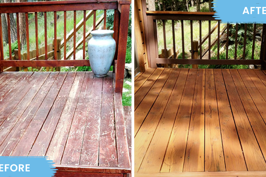 Before-and-after comparison of a wood deck: weathered, peeling reddish boards on the left and the same deck refinished in a smooth warm cedar stain on the right.