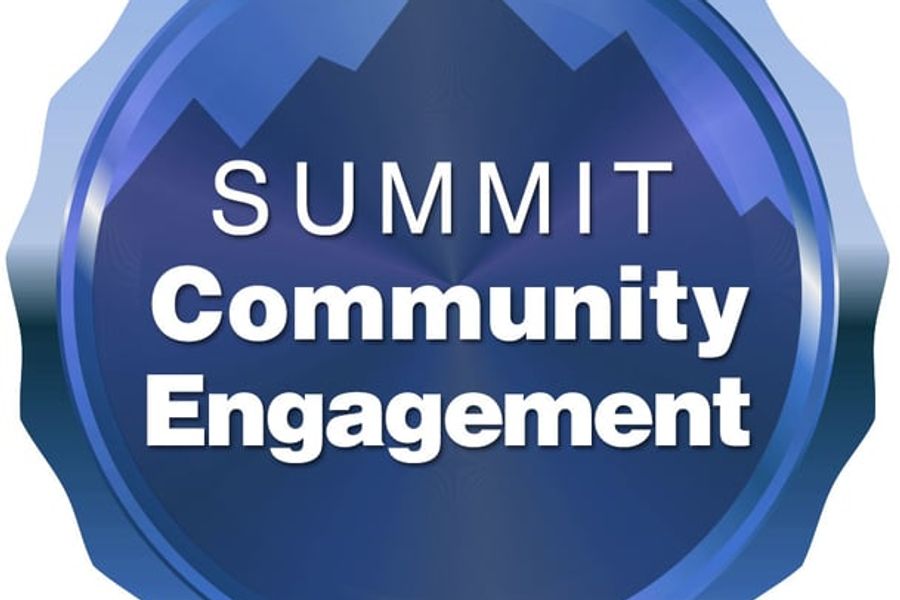 Blue circular badge with a mountain silhouette and white text reading "Summit Community Engagement."