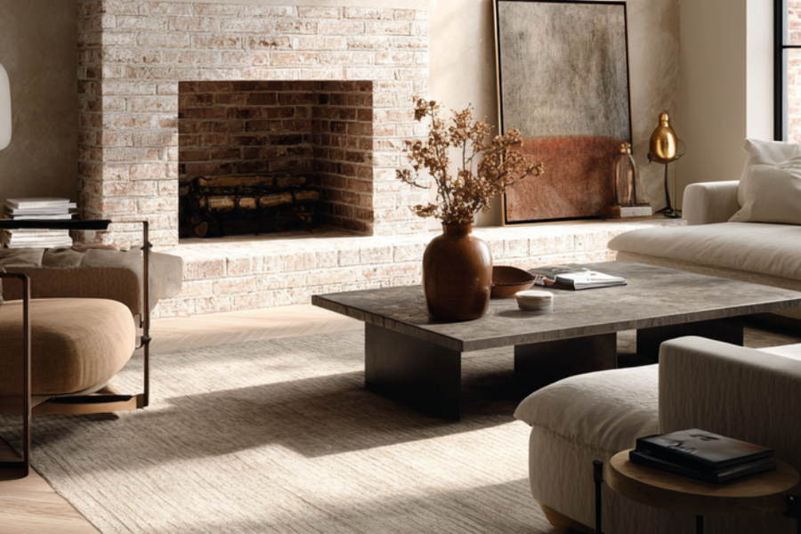 Sunlit living room with lime-washed plaster walls, a whitewashed brick fireplace, neutral upholstered seating, and a stone coffee table holding a terracotta vase of dried branches.