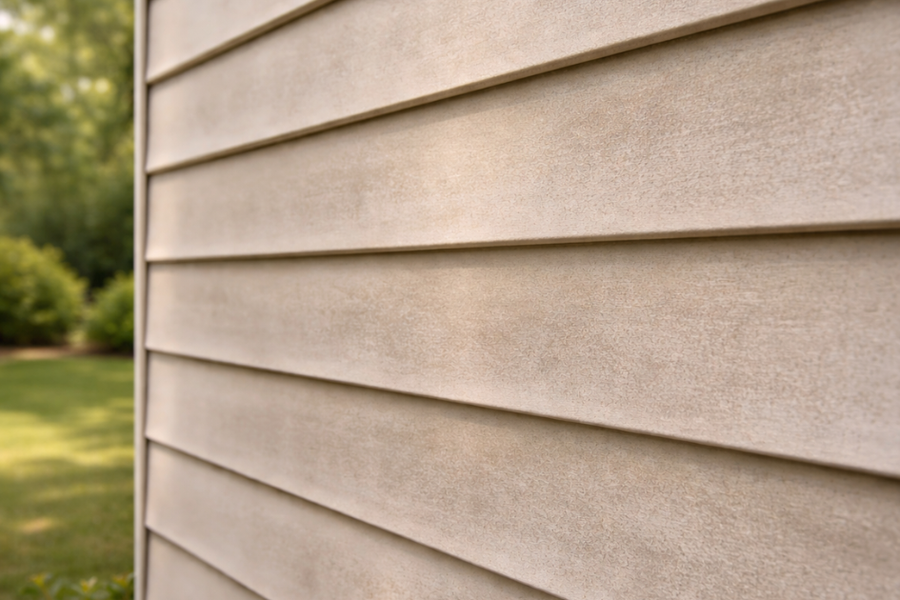 Close-up of weathered beige horizontal siding on a home's exterior corner, with a green lawn, shrubs, and trees blurred in the background.