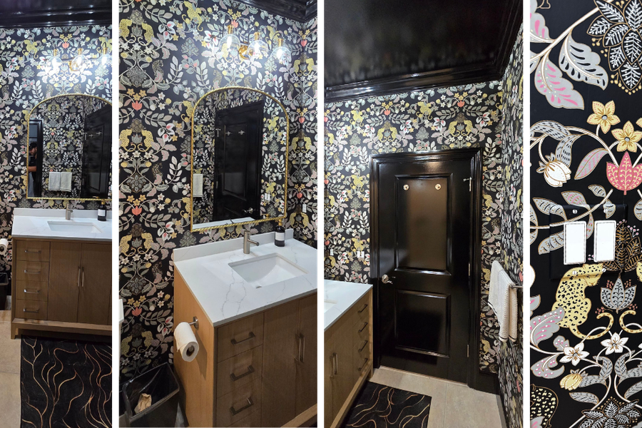Four views of a powder room with bold black floral wallpaper, a glossy black ceiling and door, wood vanity, white countertop, and arched gold mirror.