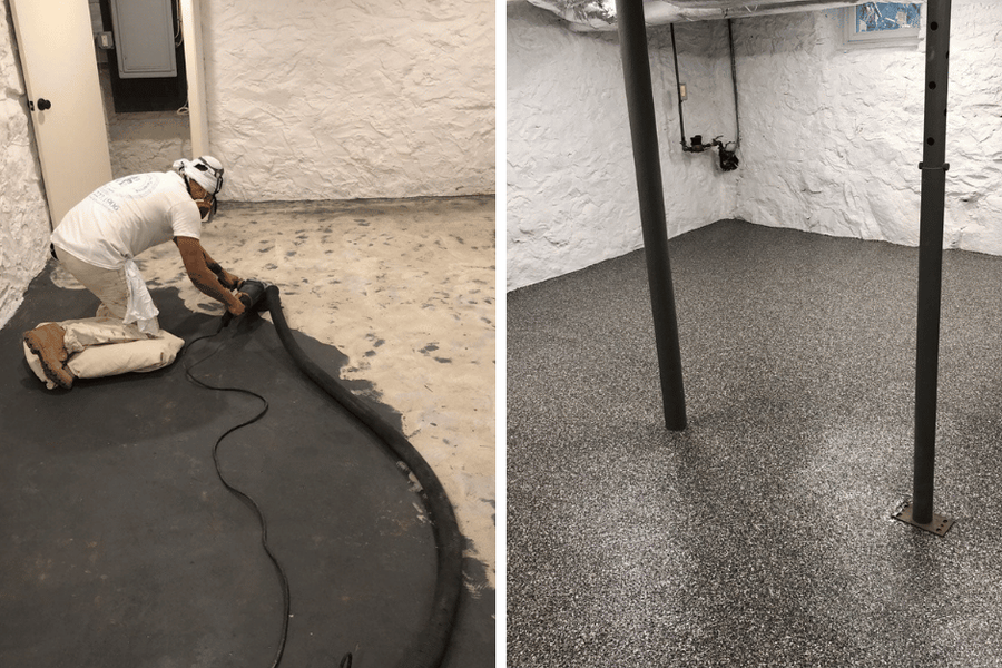 Side-by-side basement views: a painter in a white uniform and respirator grinds a concrete floor, and the finished floor shows a speckled gray coating beside whitewashed stone walls.