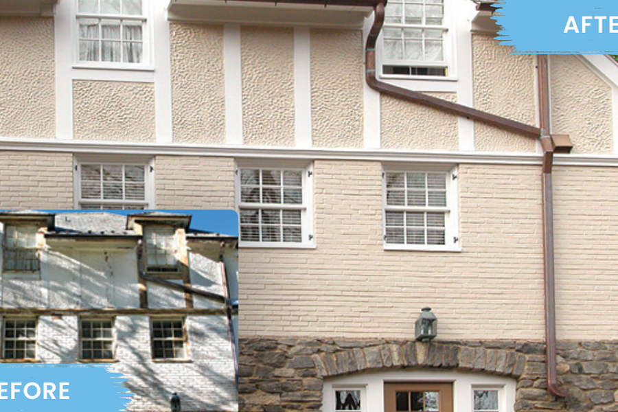 Before-and-after comparison of a brick and stucco home exterior, labeled "BEFORE" and "AFTER," showing weathered peeling paint transformed into a fresh cream finish with crisp white trim.