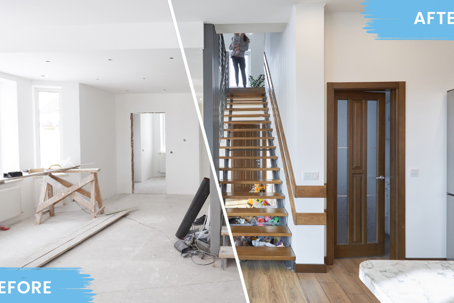 Before-and-after comparison of a home interior, from an unfinished room with sawhorses and bare floors to a completed space with a wood staircase and hardwood flooring.
