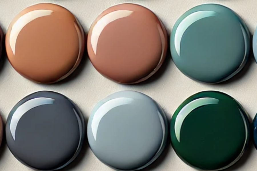 Two rows of glossy round paint dollops on a beige surface, in autumn shades of burgundy, terracotta, blush, slate blue, gray, and deep green.