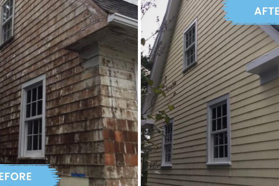 Before-and-after comparison of a home's side exterior, showing weathered, peeling wood shingles labeled "BEFORE" and freshly painted pale yellow siding with white trim labeled "AFTER."