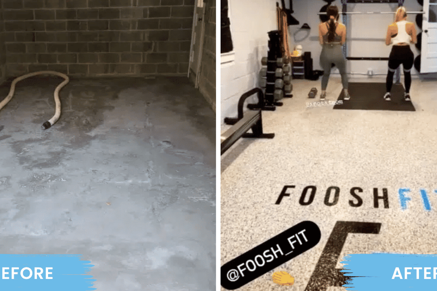 Before-and-after comparison of a garage: a bare stained concrete floor on the left, and a speckled coated floor in a home gym labeled "FOOSHFIT" on the right, where two people exercise.