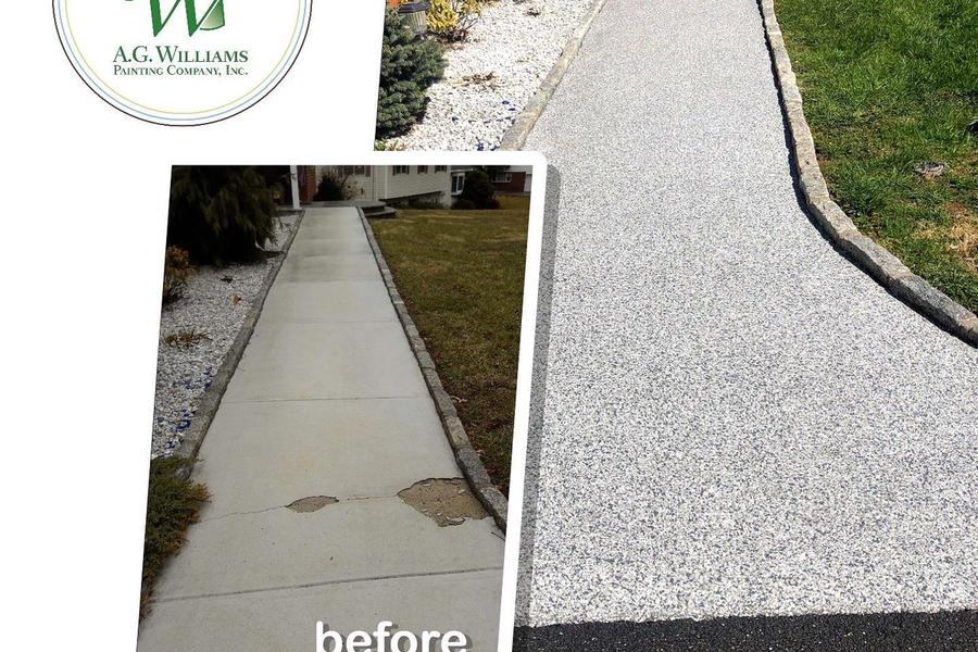 Before-and-after comparison of a residential front walkway, showing cracked bare concrete labeled "before" and a new speckled gray coated surface labeled "AFTER," with the A.G. Williams Painting Company logo.