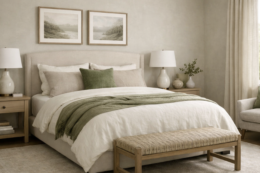 Neutral bedroom with an upholstered bed dressed in white and sage-green linens, matching table lamps, framed landscape prints, a woven bench, and a light armchair by the window.
