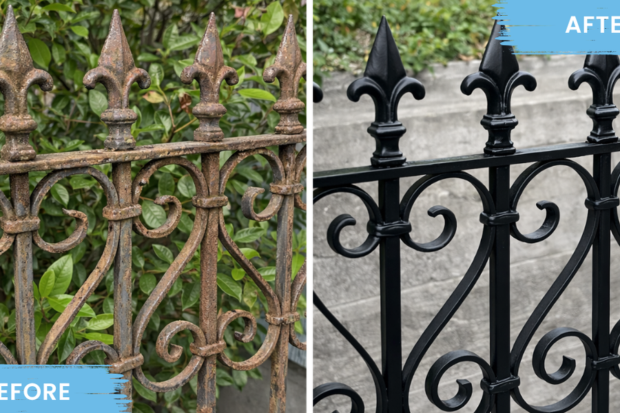 Before-and-after comparison of a wrought iron fence with fleur-de-lis finials, heavily rusted on the left and refinished in smooth glossy black on the right.