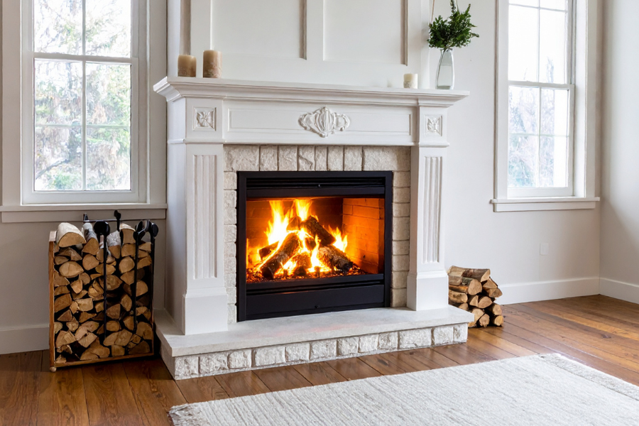A fire burns in a white mantel fireplace with stone surround, flanked by stacked firewood, tall windows, and a light rug on hardwood floors.