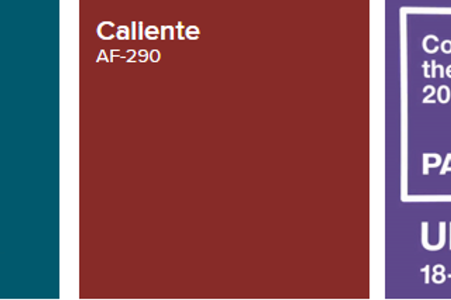 Three paint color swatches side by side: Sherwin-Williams SW 6496 Oceanside, Benjamin Moore Caliente AF-290, and Pantone Ultra Violet 18-3838, the 2018 Color of the Year.