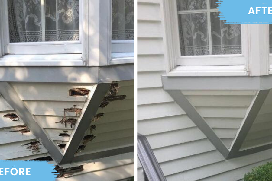 Before-and-after comparison of a bay window's clapboard skirt, labeled "BEFORE" with rotted, splintered wood and "AFTER" with repaired, freshly painted white siding and gray trim.