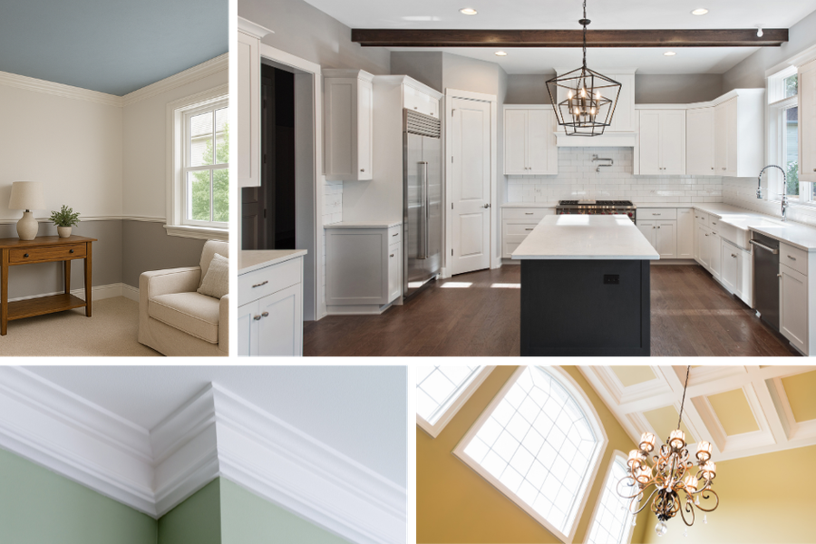 Collage of four painted interiors, including a room with a blue ceiling, a white kitchen with gray ceiling and wood beam, white crown molding, and a yellow coffered ceiling with a chandelier.