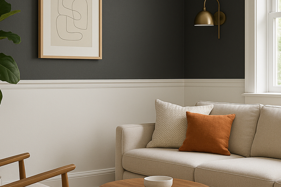 Living room with a chair rail dividing charcoal upper walls from white lower walls, furnished with a beige sofa, framed art, and a brass sconce.
