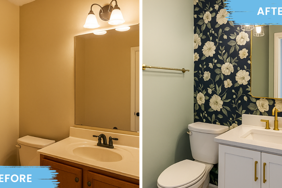 Before-and-after comparison of a powder room, from beige walls and an oak vanity to sage green paint, floral wallpaper, a white vanity, and brass fixtures.