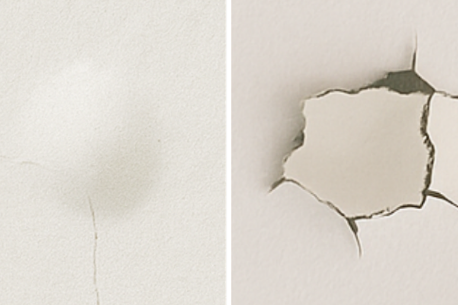 Side-by-side comparison of drywall damage: a faint stain with a hairline crack on the left and a jagged punched hole with radiating cracks on the right.